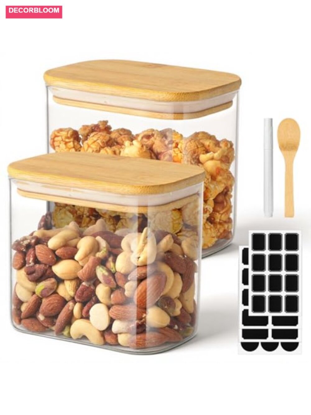 2pk 23oz Rectangular Glass Storage Jars with Bamboo Lids Airtight Kitchen